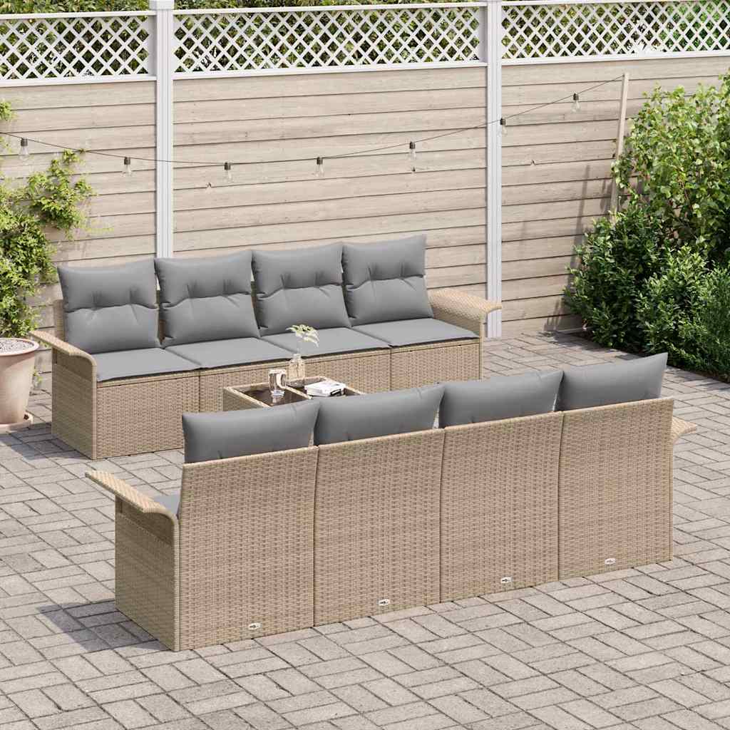Gartensofa-set mit Kissen 9 pcs Beige und Grau Poly-Rattan
