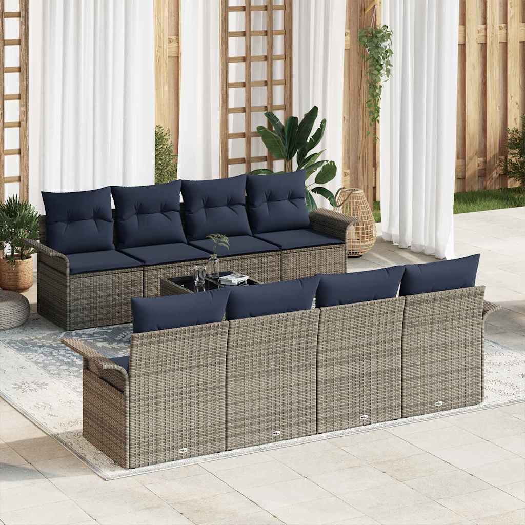 Gartensofa-set mit Kissen 9 pcs Grau und Marineblau Poly-Rattan