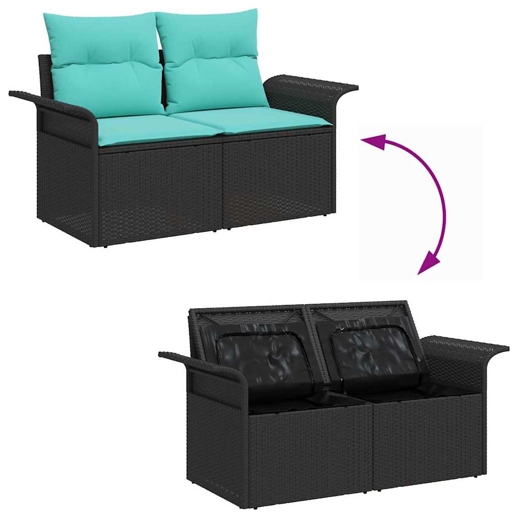 Gartensofa-set mit Kissen 9 pcs Schwarz und Türkis Poly-Rattan
