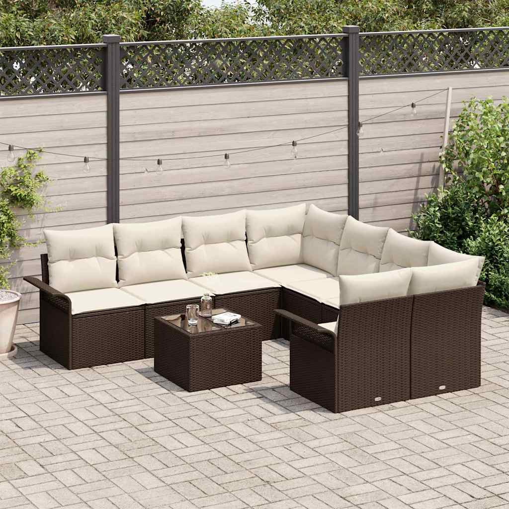 Gartensofa-set mit Kissen 9 pcs Braun und Creme Poly-Rattan