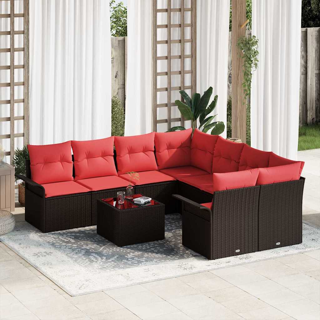 Gartensofa-set mit Kissen 9 pcs Beige und Rot Poly-Rattan