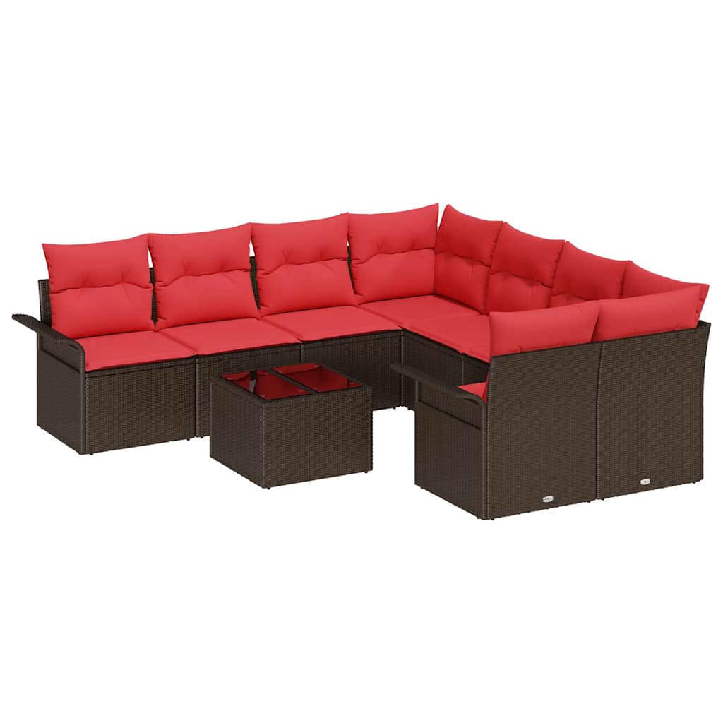 Gartensofa-set mit Kissen 9 pcs Beige und Rot Poly-Rattan