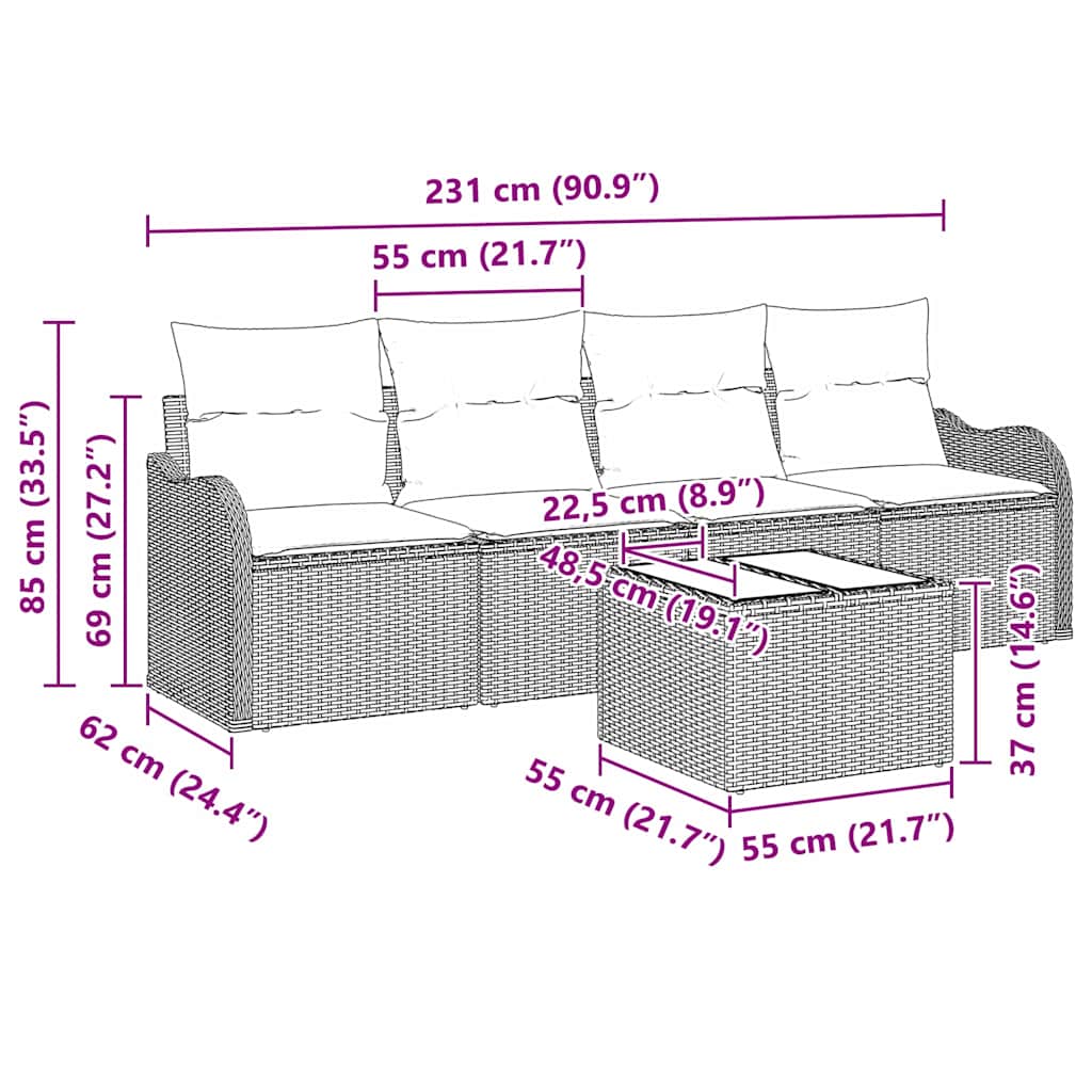 Garten-Sofa-Set mit Kissen mit Speicher 5 pcs Braun und Creme