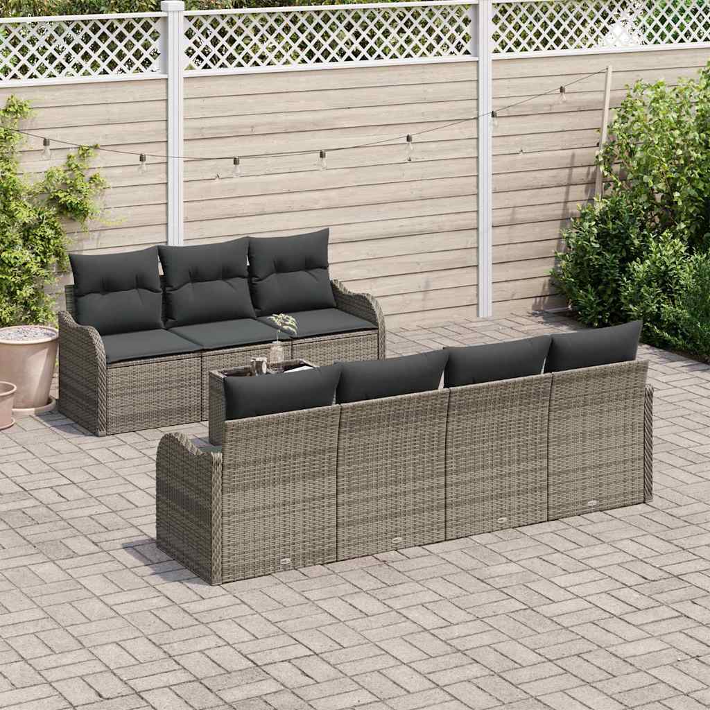 Gartensofa-set 8 pcs Grau Poly-Rattan und Stahl und Glas