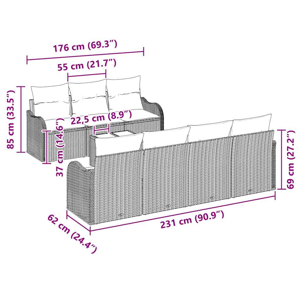 Gartensofa-set 8 pcs Grau Poly-Rattan und Stahl und Glas