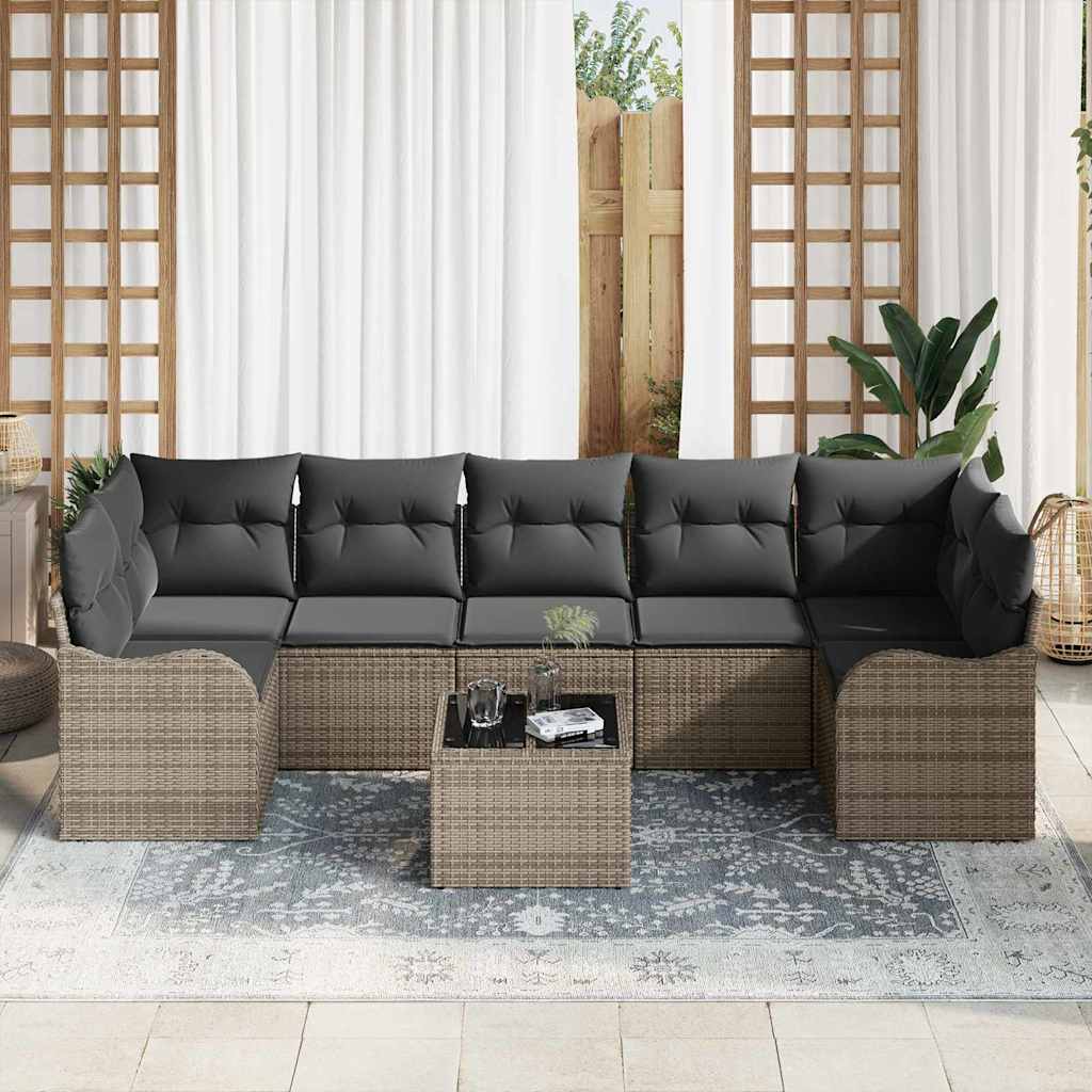 Gartensofa-set 8 pcs Grau Poly-Rattan und Stahl und Glas