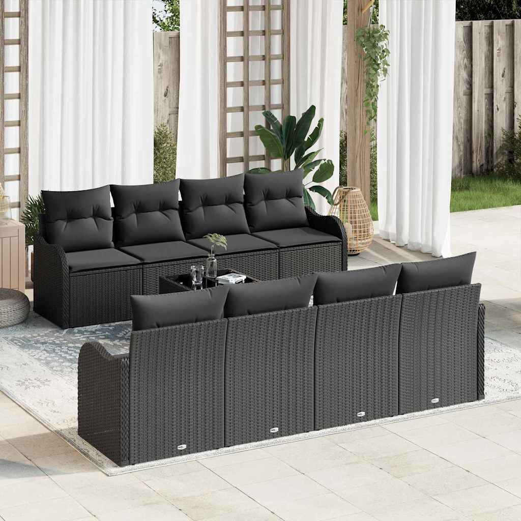 Gartensofa-set 9 pcs Schwarz Poly-Rattan und Stahl und Glas
