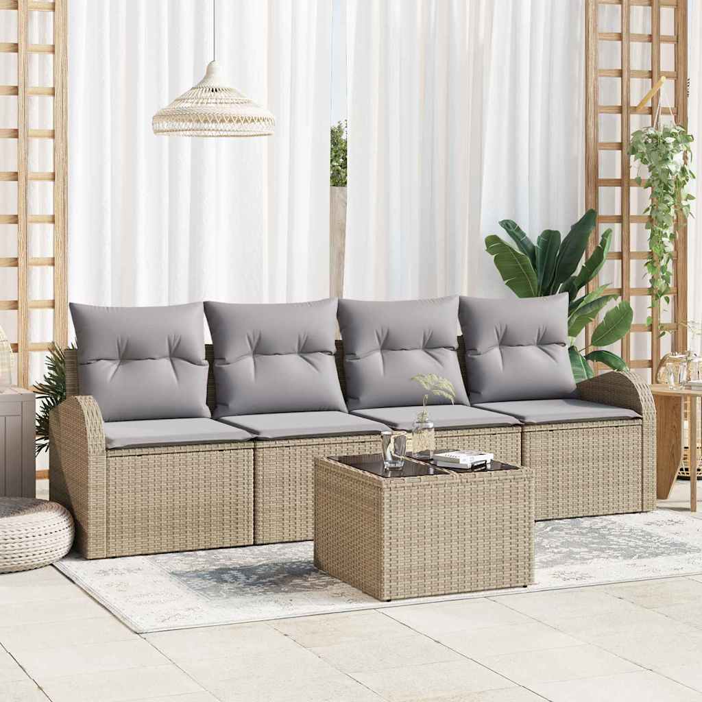 Gartensofa-set mit Speicher 5 pcs Beige und Grau Poly-Rattan