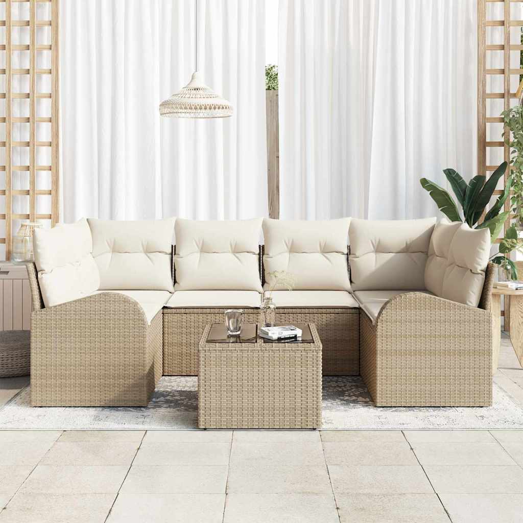 Gartensofa-set mit Speicher 7 pcs Beige und Creme Poly-Rattan