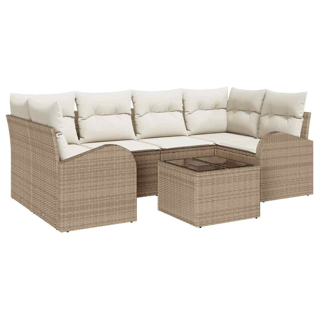 Gartensofa-set mit Speicher 7 pcs Beige und Creme Poly-Rattan