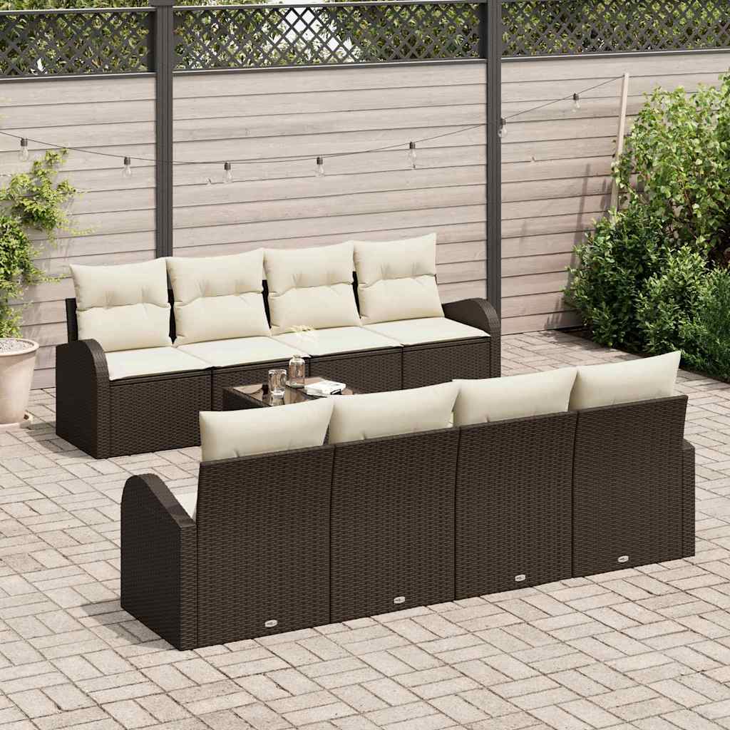 Gartensofa-set mit Speicher 9 pcs Braun und Creme Poly-Rattan