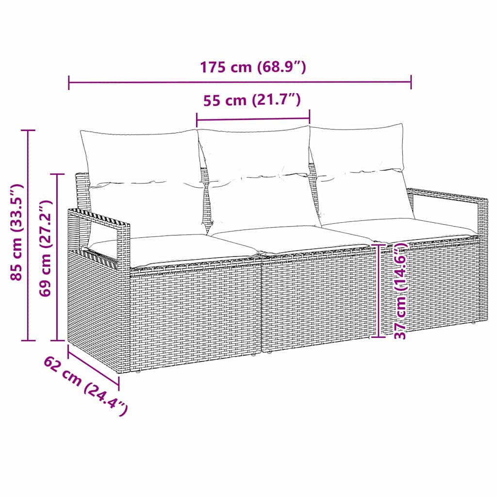 Gartensofa-set mit Kissen 3 pcs Schwarz und Weiß Poly-Rattan