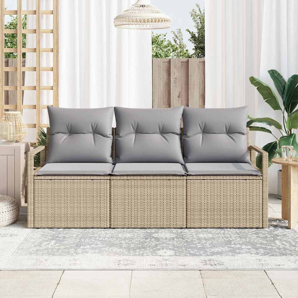 Gartensofa-set mit Kissen 3 pcs Beige und Hellgrau Poly-Rattan