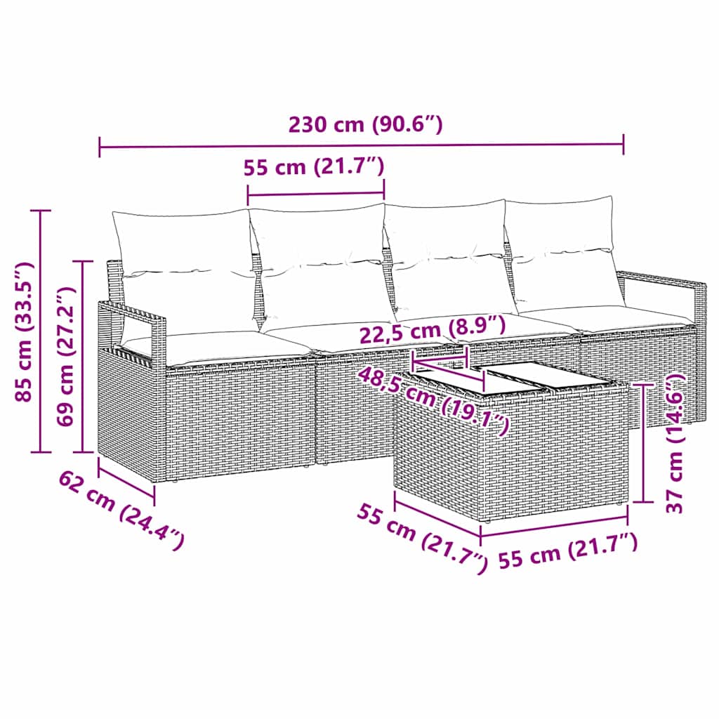 Sofa Set mit Kissen 5 pcs Schwarz und Creme Poly-Rattan