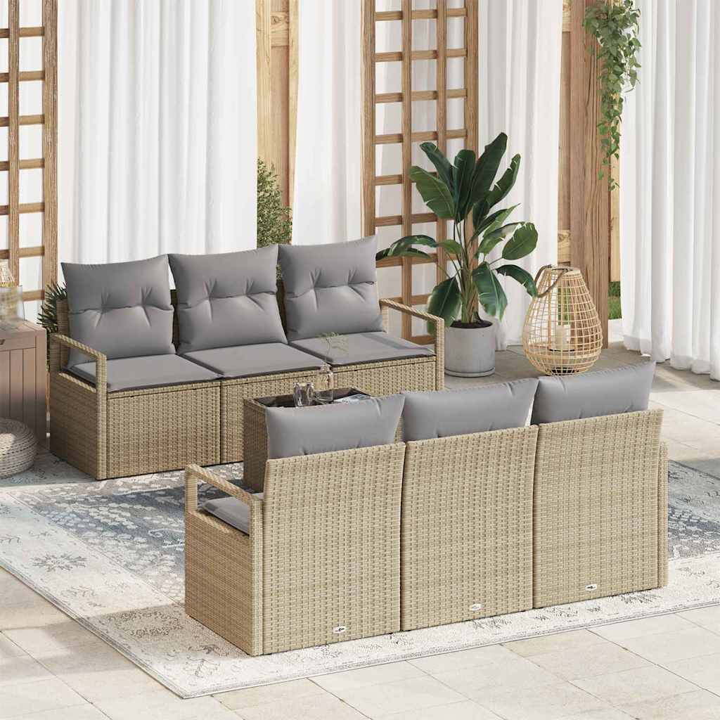 Gartensofa-set mit Kissen 7 pcs Beige und Grau Poly-Rattan