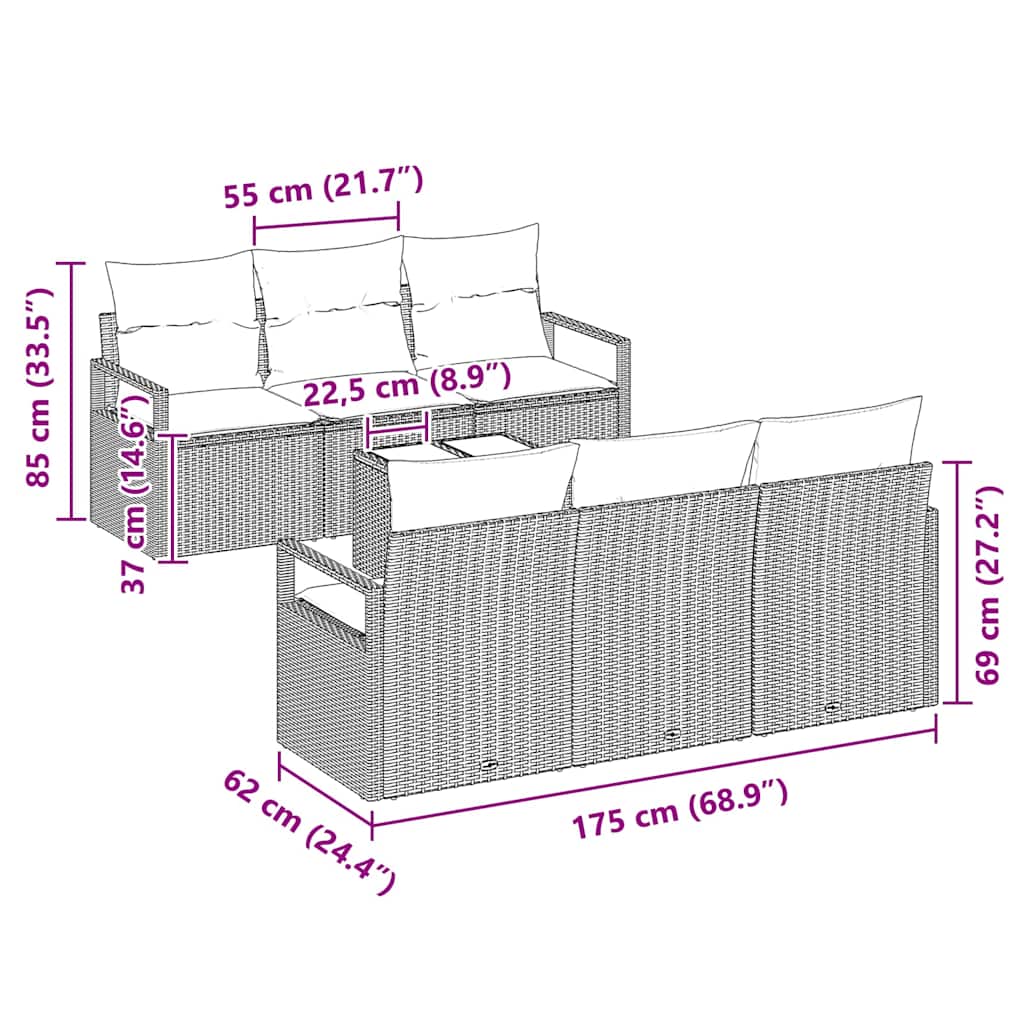 Gartensofa-set mit Kissen 7 pcs Schwarz Poly-Rattan