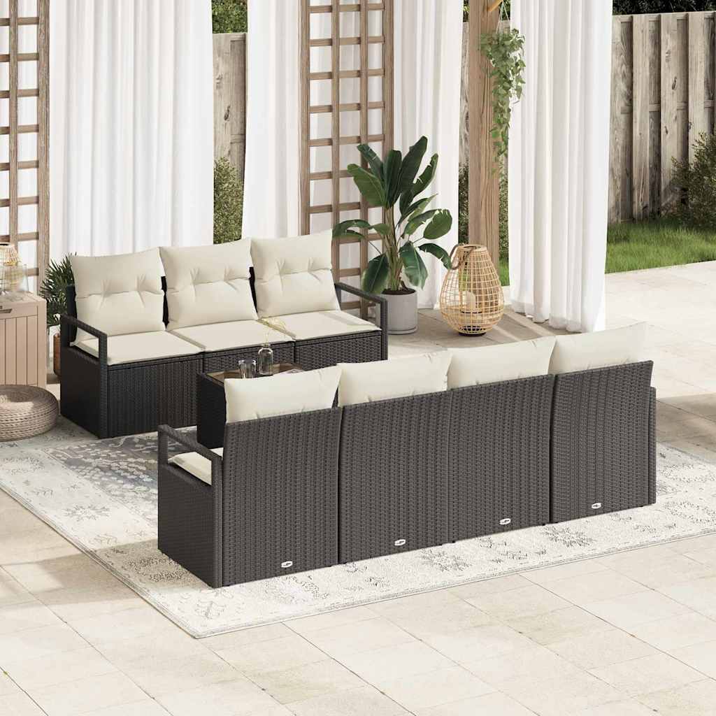 Gartensofa-set mit Kissen 8 pcs Schwarz und Creme Poly-Rattan