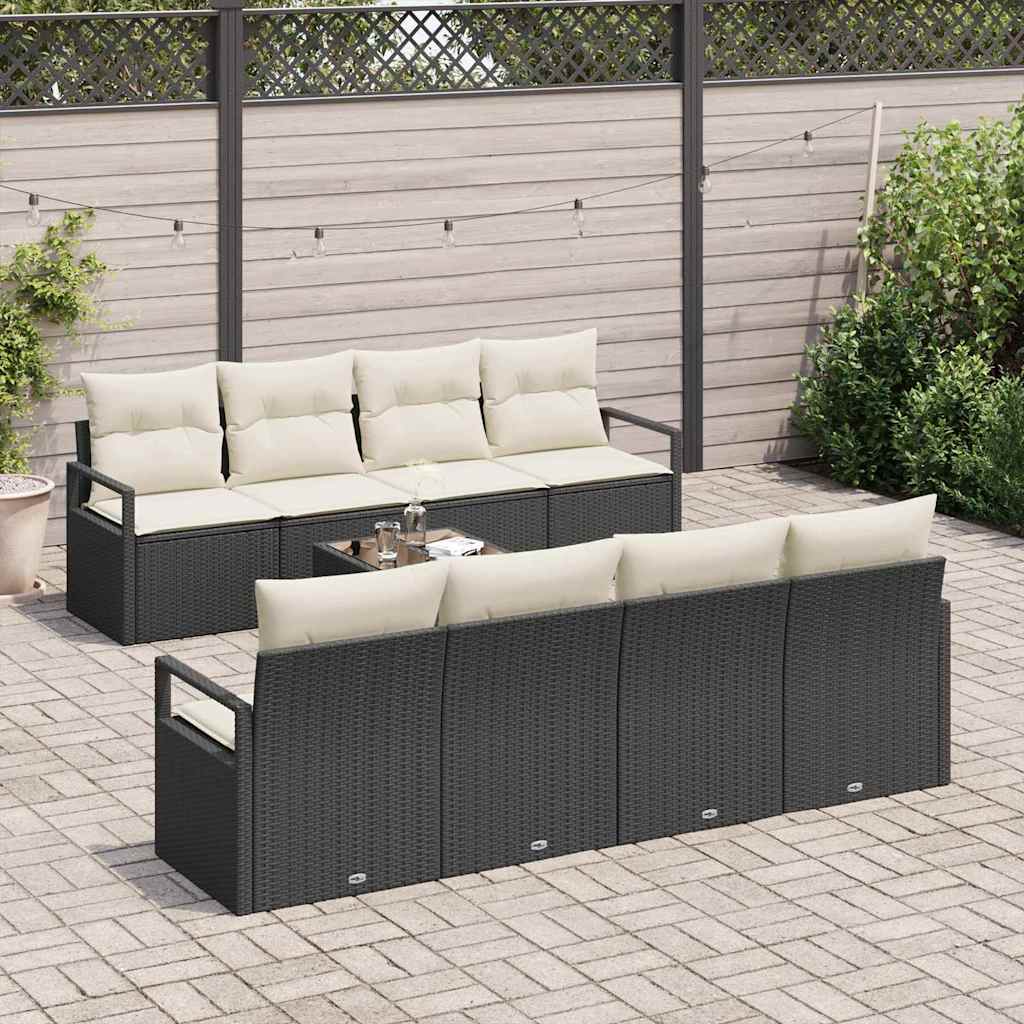 Gartensofa-set mit Kissen 9 pcs Schwarz und Creme Poly-Rattan