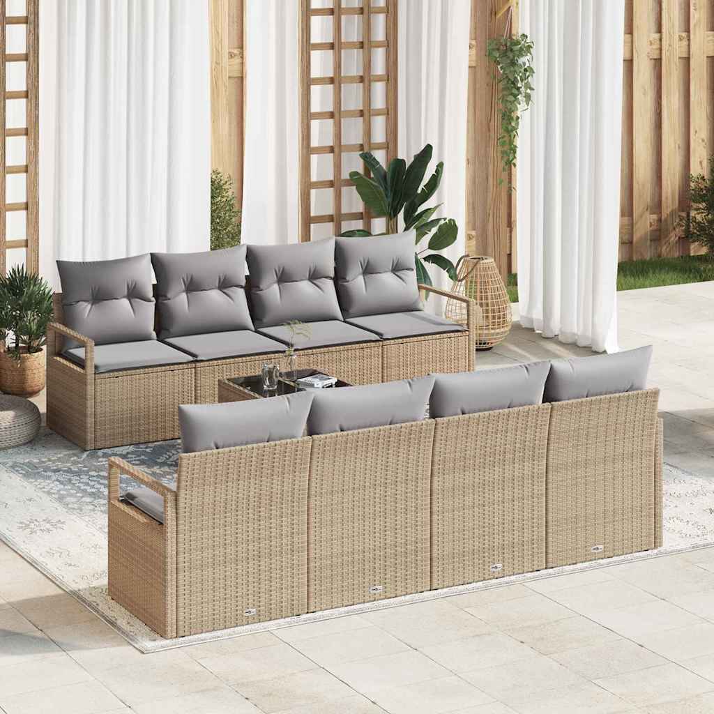 Gartensofa-set mit Kissen 9 pcs Beige und Grau Poly-Rattan
