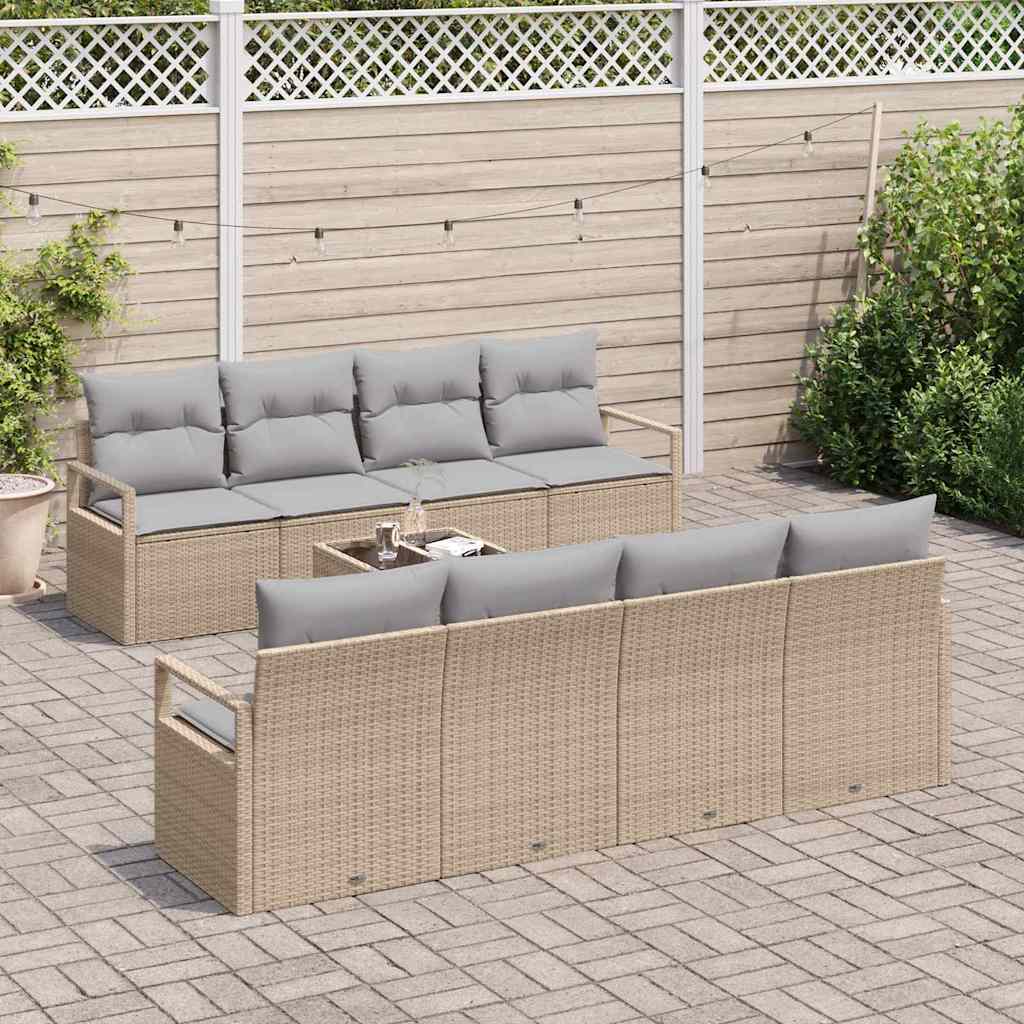 Gartensofa-set mit Kissen 9 pcs Beige und Grau Poly-Rattan