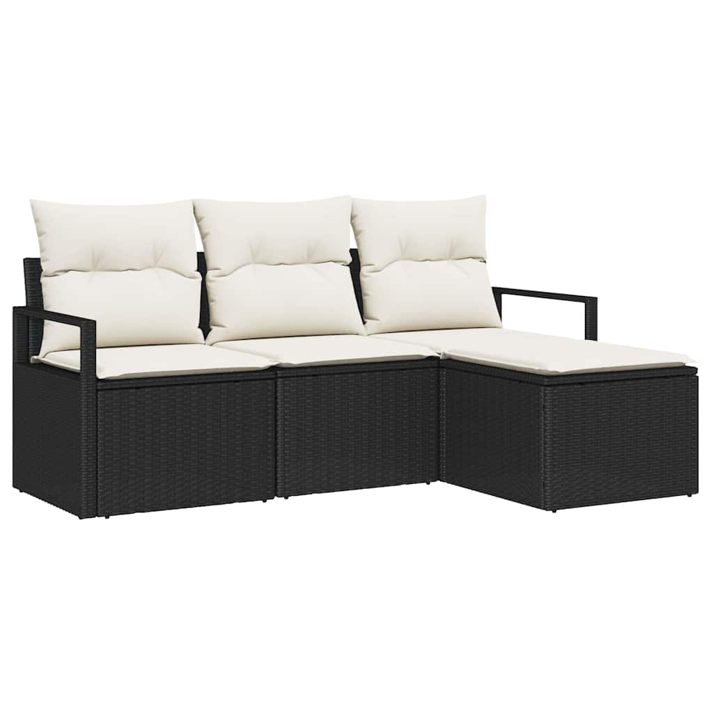 Sofa Set mit Kissen 4 pcs Schwarz und Creme Poly-Rattan