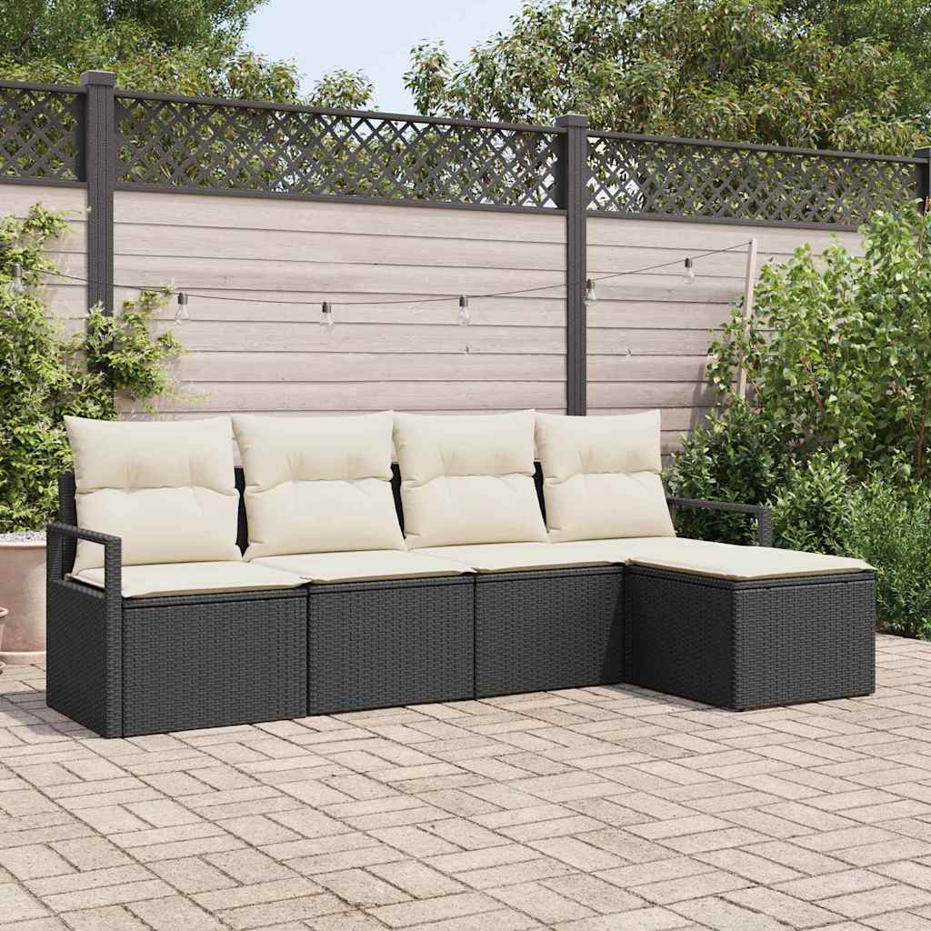 Sofa Set mit Kissen 5 pcs Schwarz und Creme Poly-Rattan