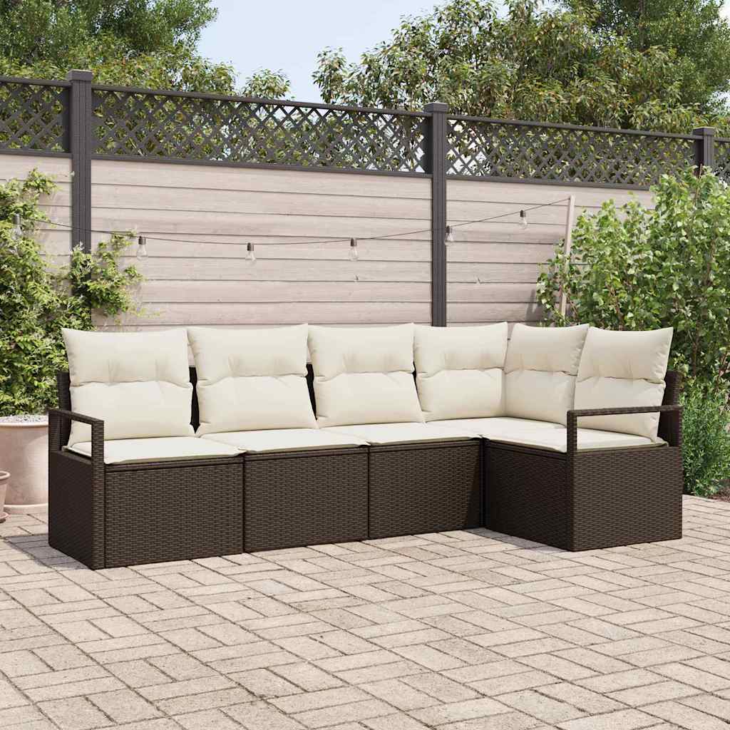 Gartensofa-set mit Kissen 5 pcs Braun und Weiß Poly-Rattan