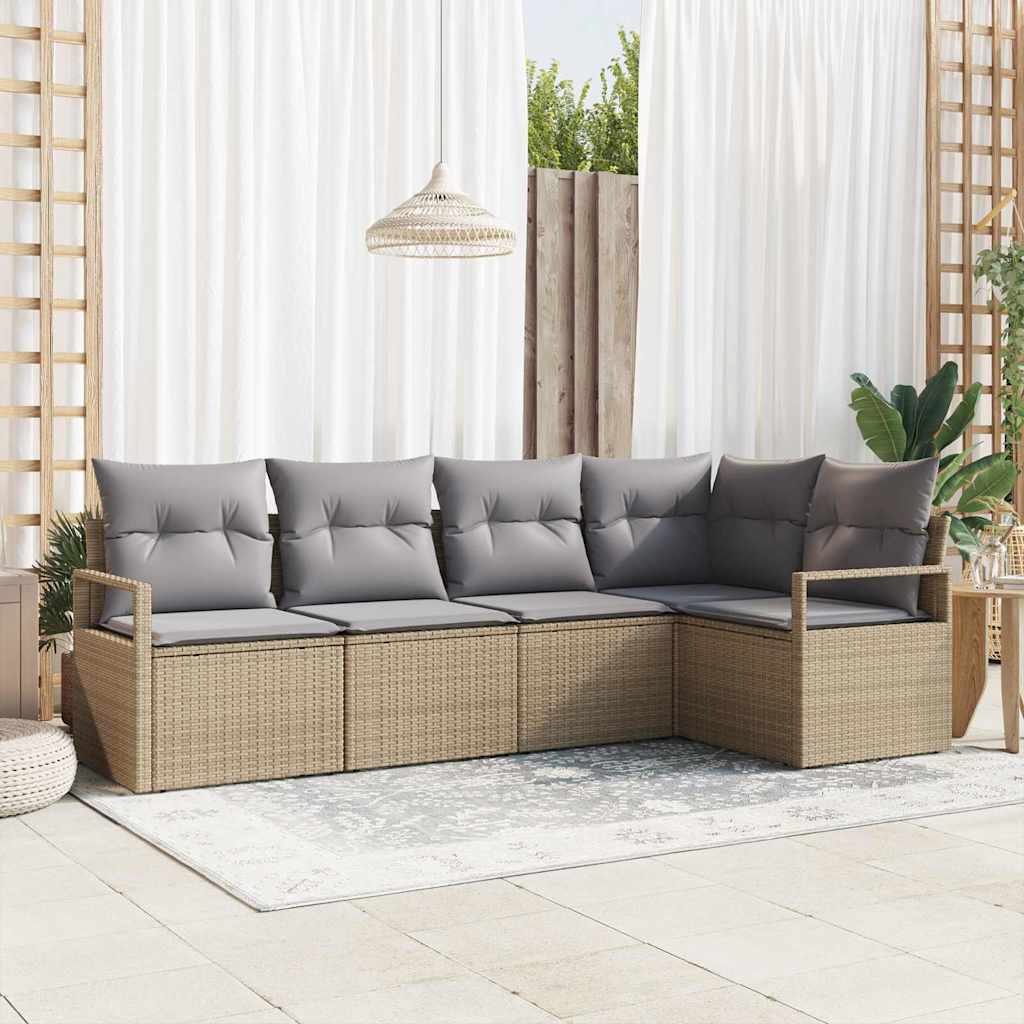 Gartensofa-set mit Kissen 5 pcs Beige und Hellgrau Poly-Rattan