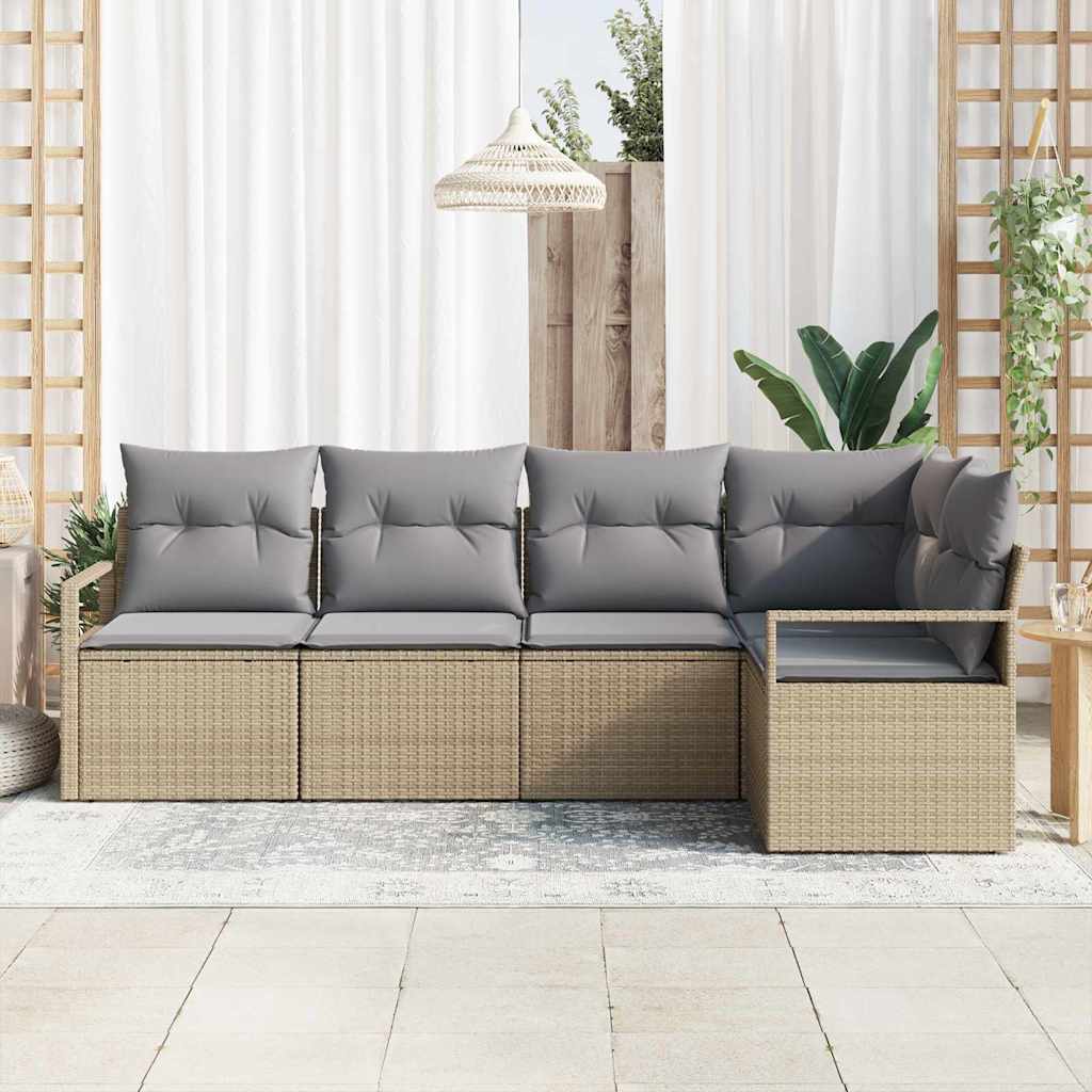 Gartensofa-set mit Kissen 5 pcs Beige und Hellgrau Poly-Rattan