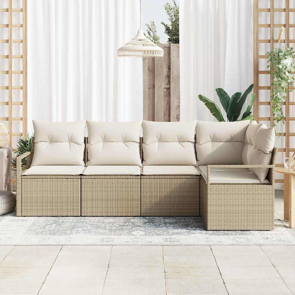 Gartensofa-set mit Kissen 5 pcs Beige und Weiß Poly-Rattan