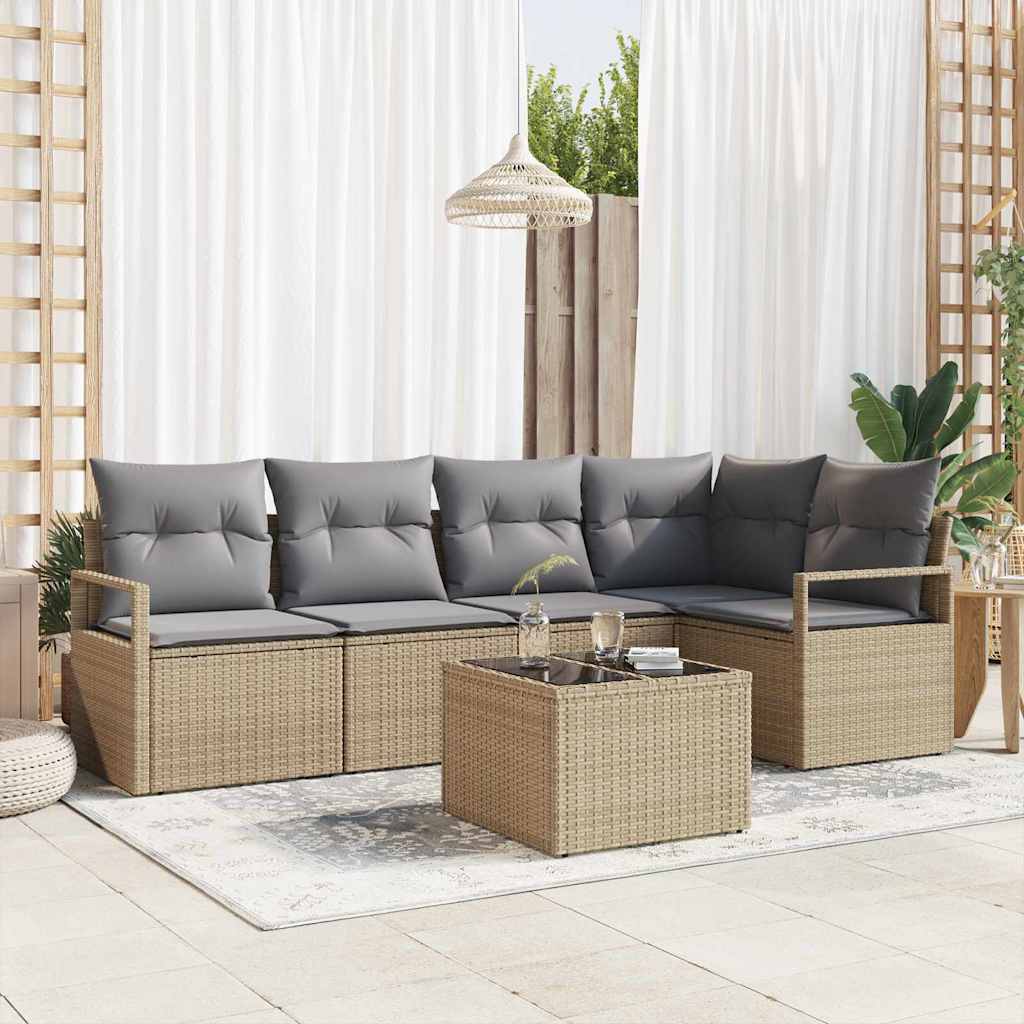 Gartensofa-set mit Kissen 6 pcs Beige und Hellgrau Poly-Rattan