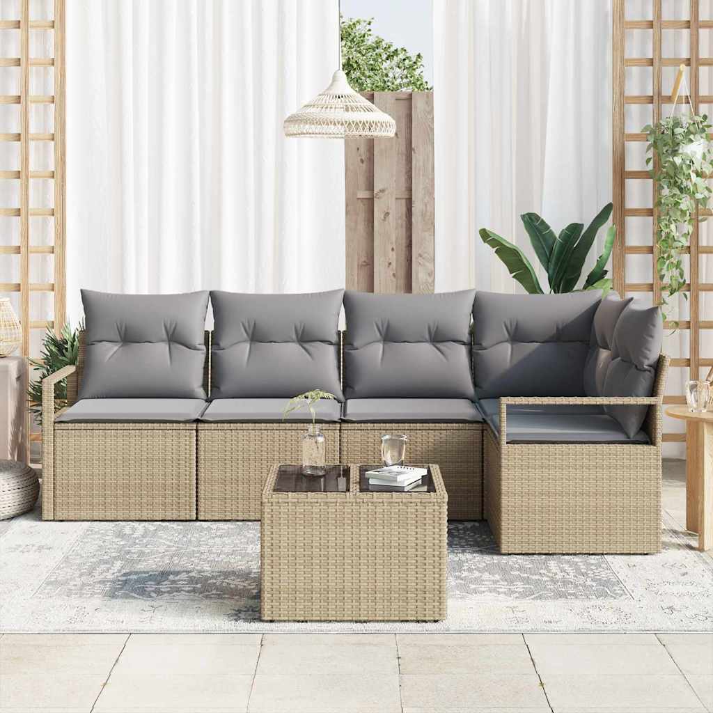 Gartensofa-set mit Kissen 6 pcs Beige und Hellgrau Poly-Rattan