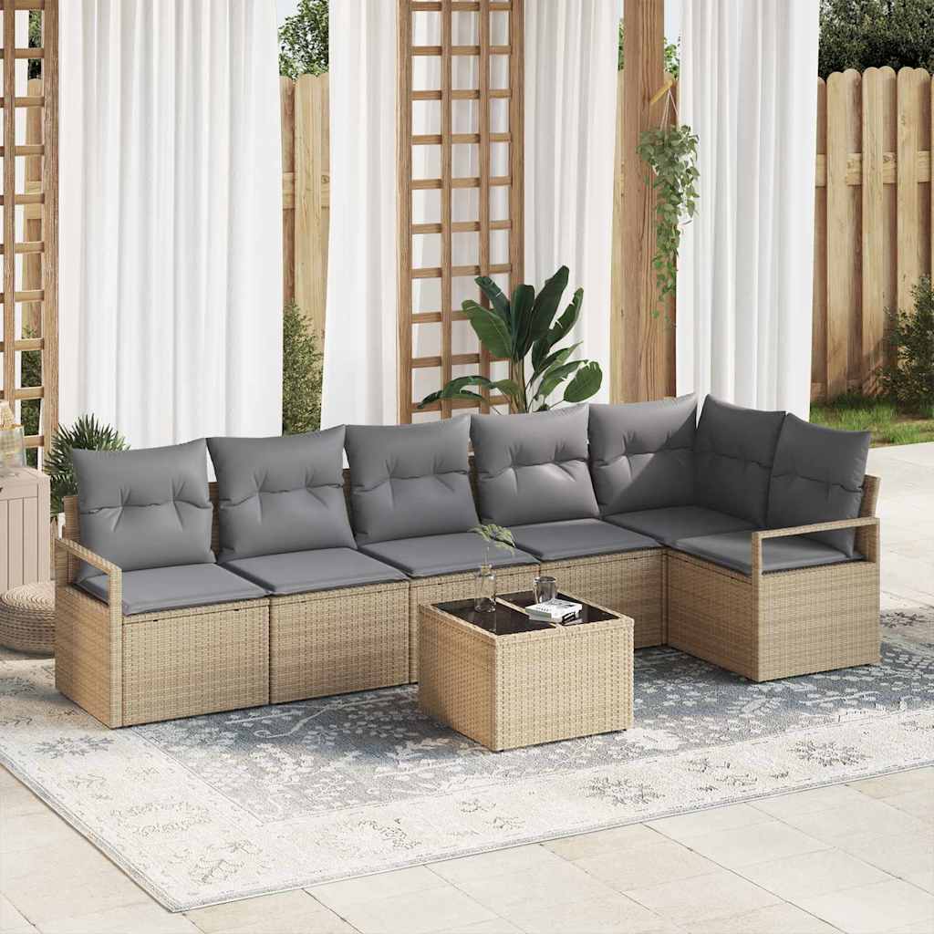 Gartensofa-set mit Kissen 7 pcs Beige und Hellgrau Poly-Rattan