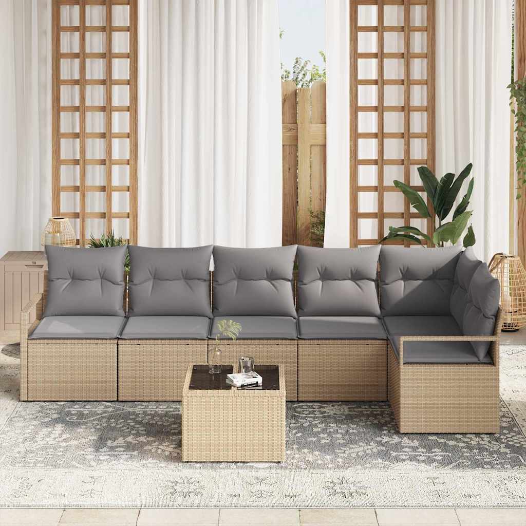 Gartensofa-set mit Kissen 7 pcs Beige und Hellgrau Poly-Rattan