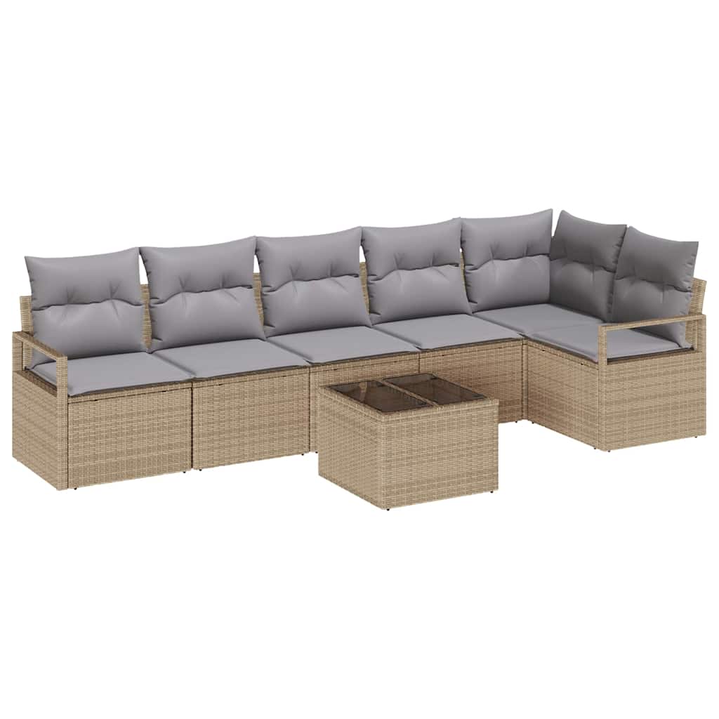 Gartensofa-set mit Kissen 7 pcs Beige und Hellgrau Poly-Rattan