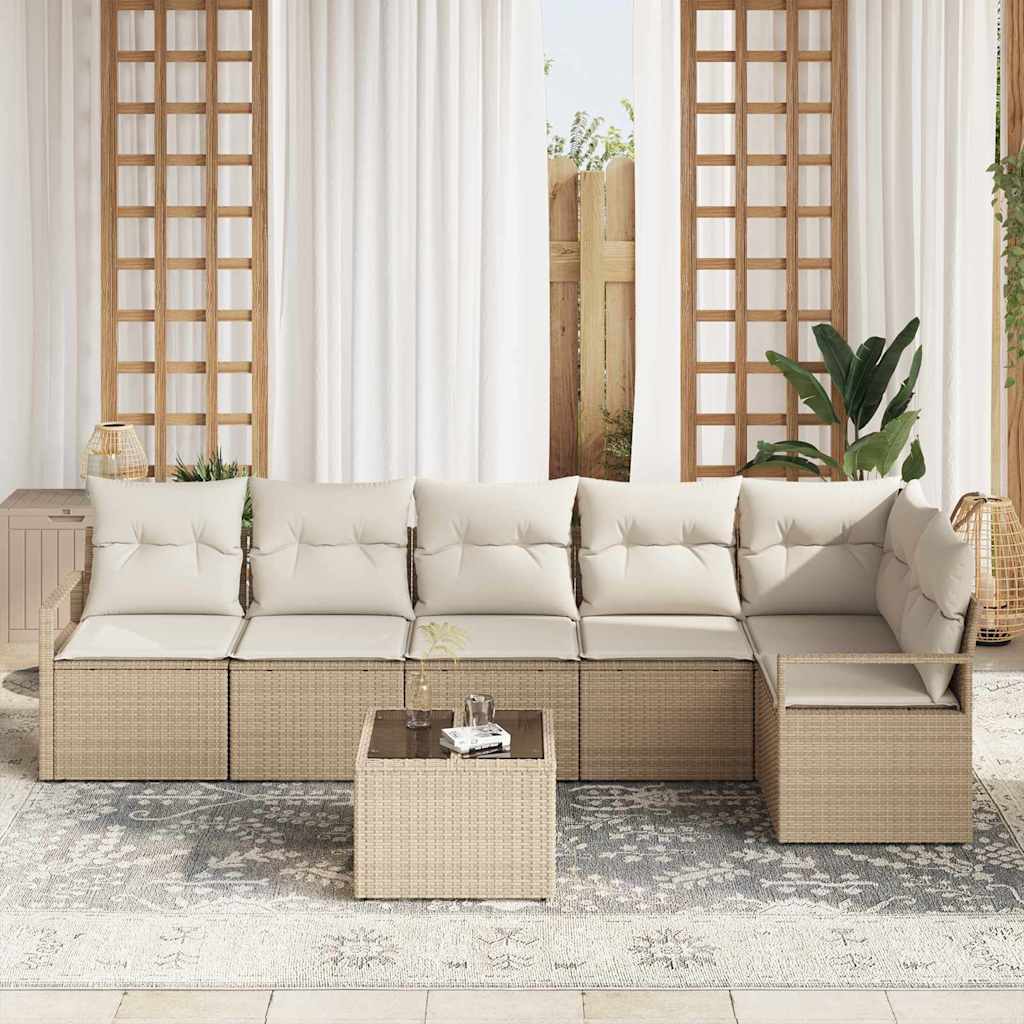 Gartensofa-set mit Kissen 7 pcs Beige und Creme Poly-Rattan