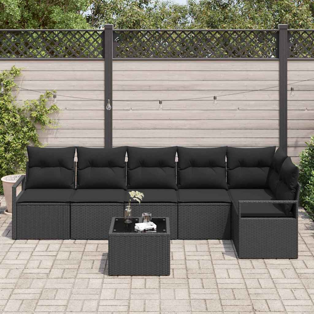 Gartensofa-set mit Kissen 7 pcs Schwarz Poly-Rattan