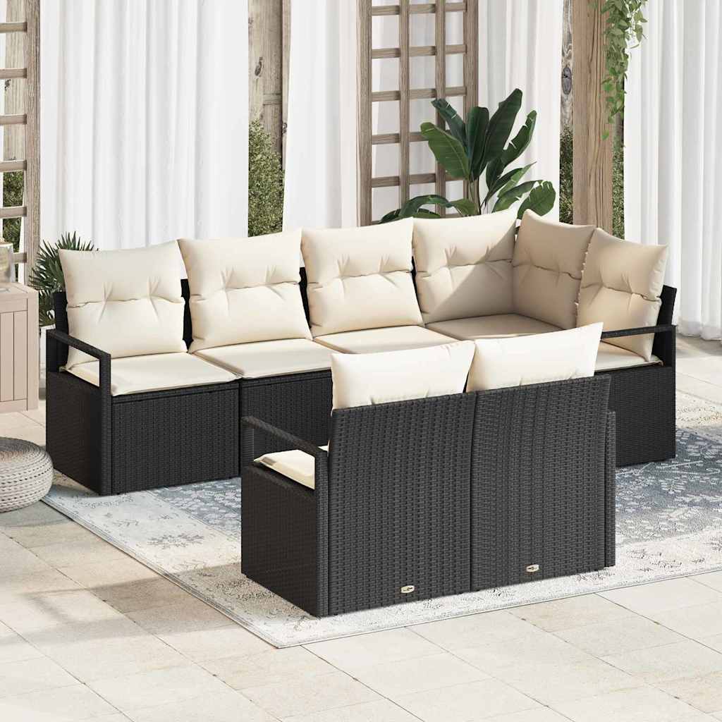 Gartensofa-set mit Kissen 7 pcs Schwarz und Weiß Poly-Rattan