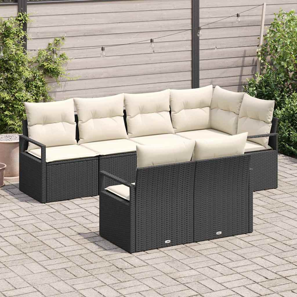 Gartensofa-set mit Kissen 7 pcs Schwarz und Weiß Poly-Rattan