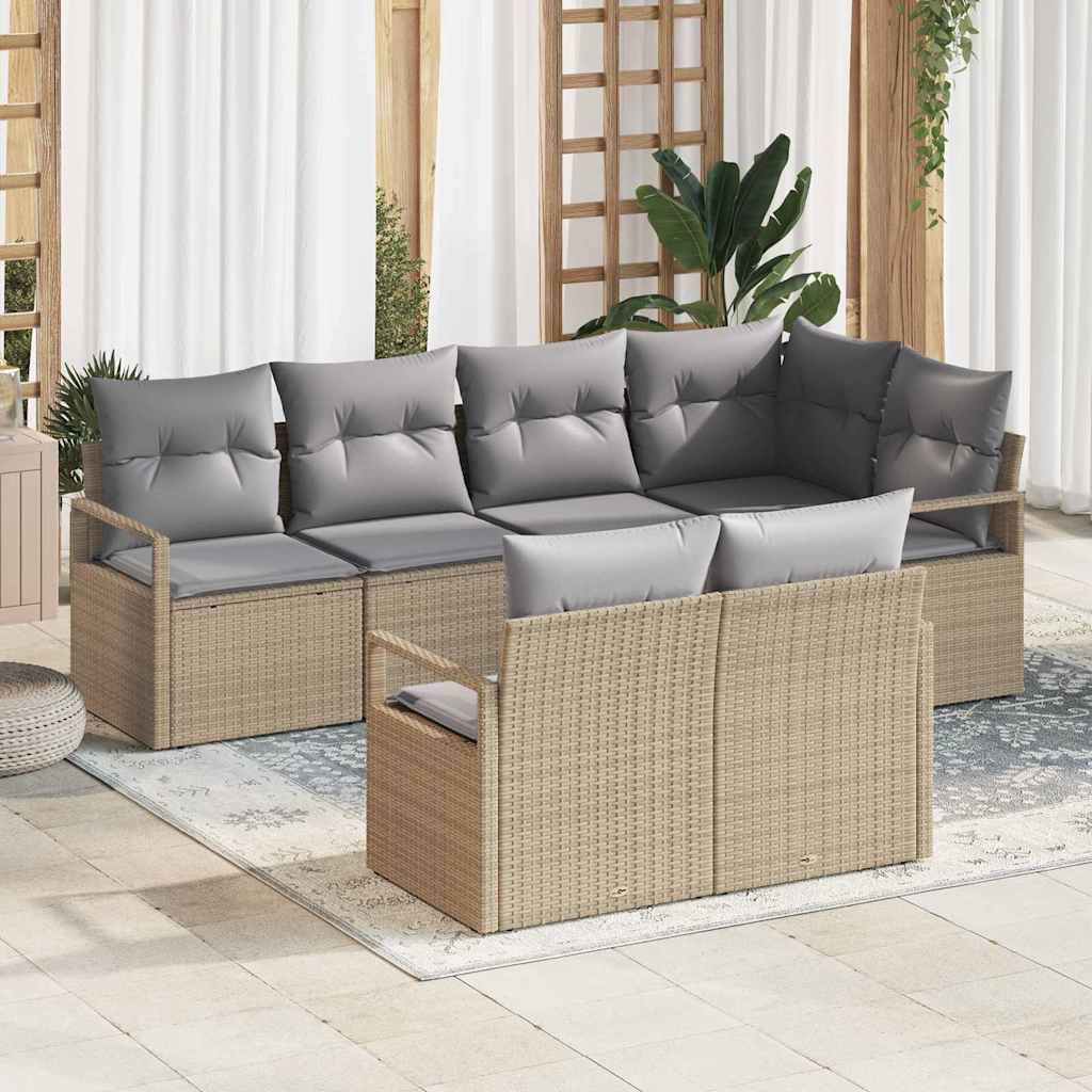 Gartensofa-set mit Kissen 7 pcs Beige und Hellgrau Poly-Rattan