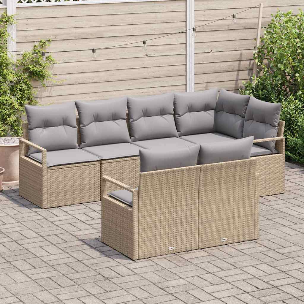 Gartensofa-set mit Kissen 7 pcs Beige und Hellgrau Poly-Rattan