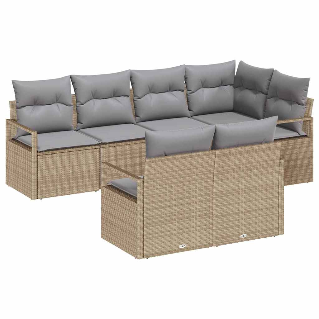 Gartensofa-set mit Kissen 7 pcs Beige und Hellgrau Poly-Rattan