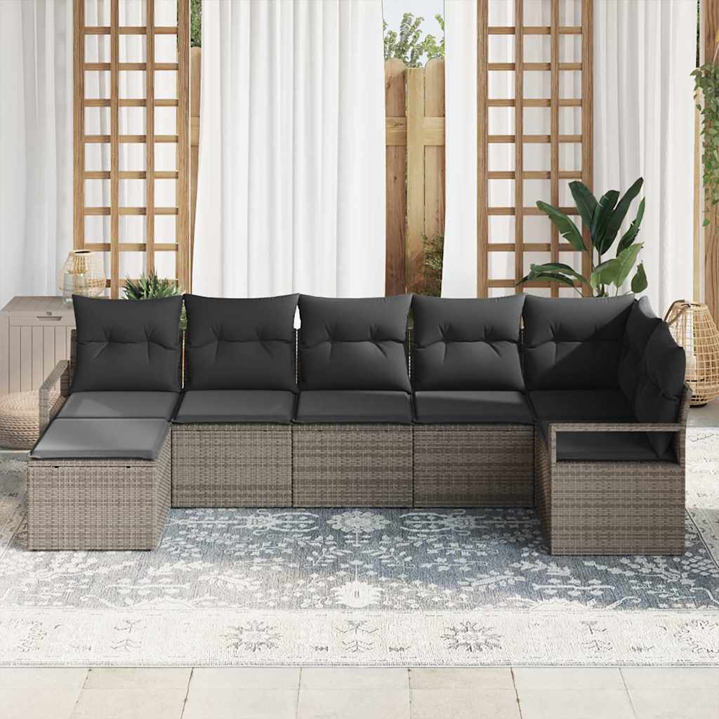 Sofa Set mit Kissen mit Speicher 7 pcs Grau Poly-Rattan