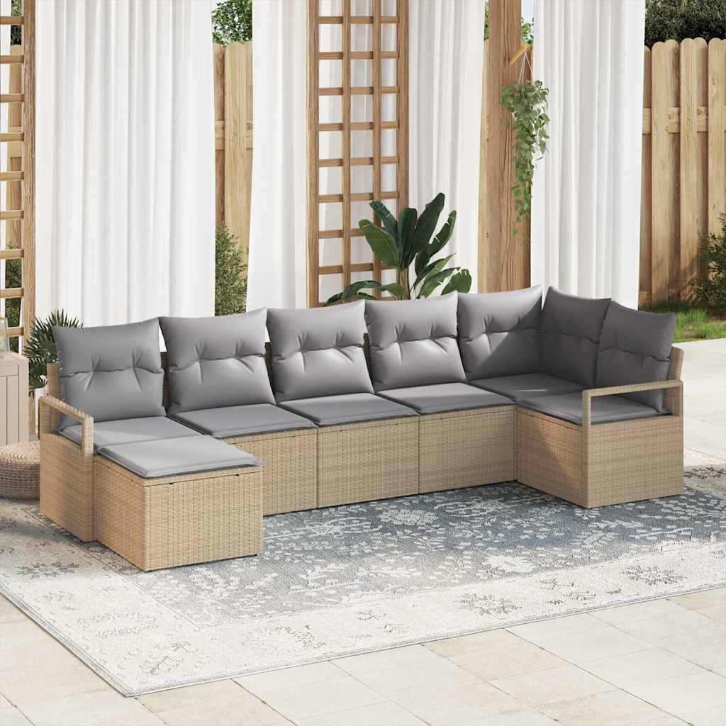 Sofa Set mit Kissen 7 pcs Beige und Hellgrau Poly-Rattan