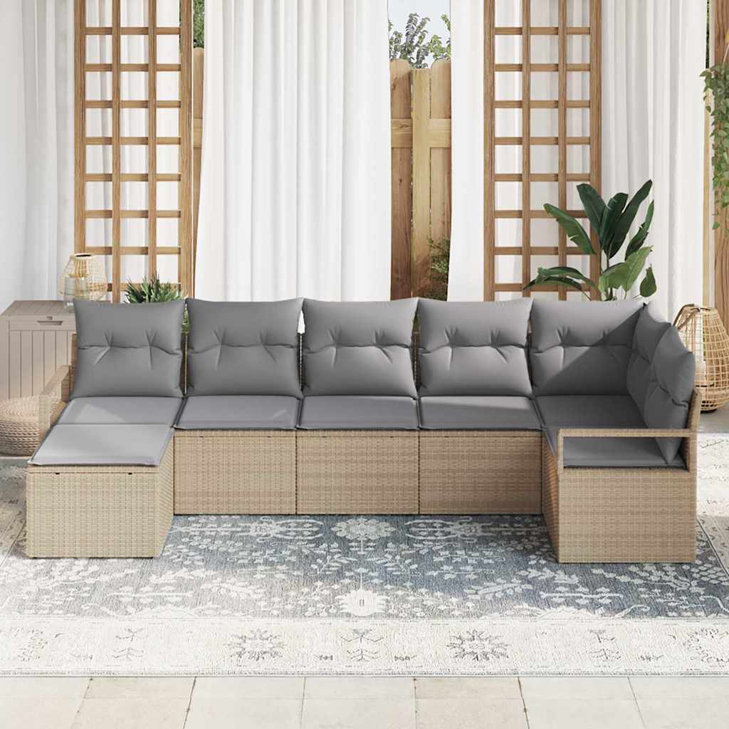 Sofa Set mit Kissen 7 pcs Beige und Hellgrau Poly-Rattan
