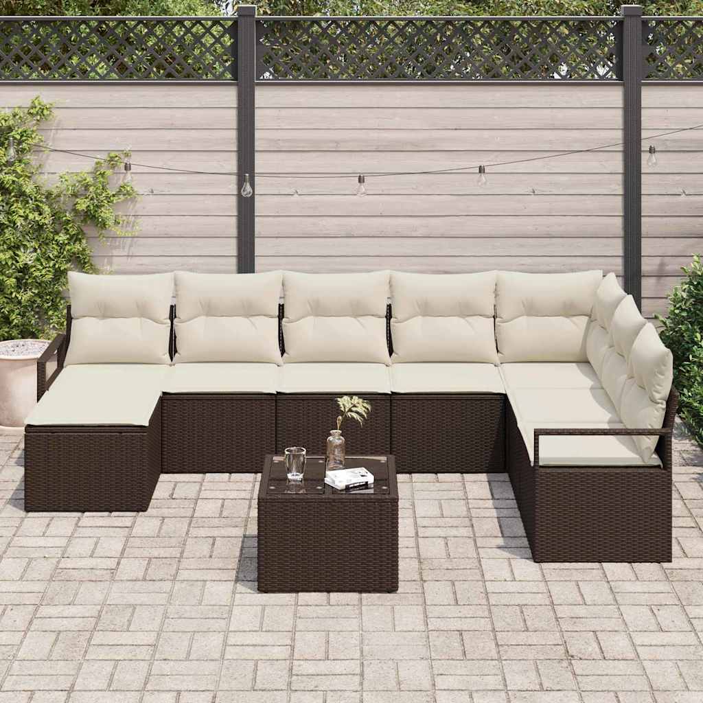 Sofa Set mit Kissen 9 pcs Braun und Creme Poly-Rattan