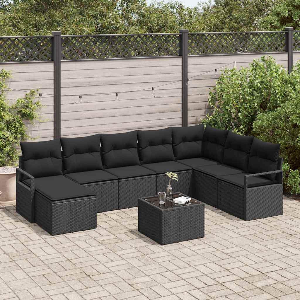Sofa Set mit Kissen mit Speicher 9 pcs Schwarz Poly-Rattan