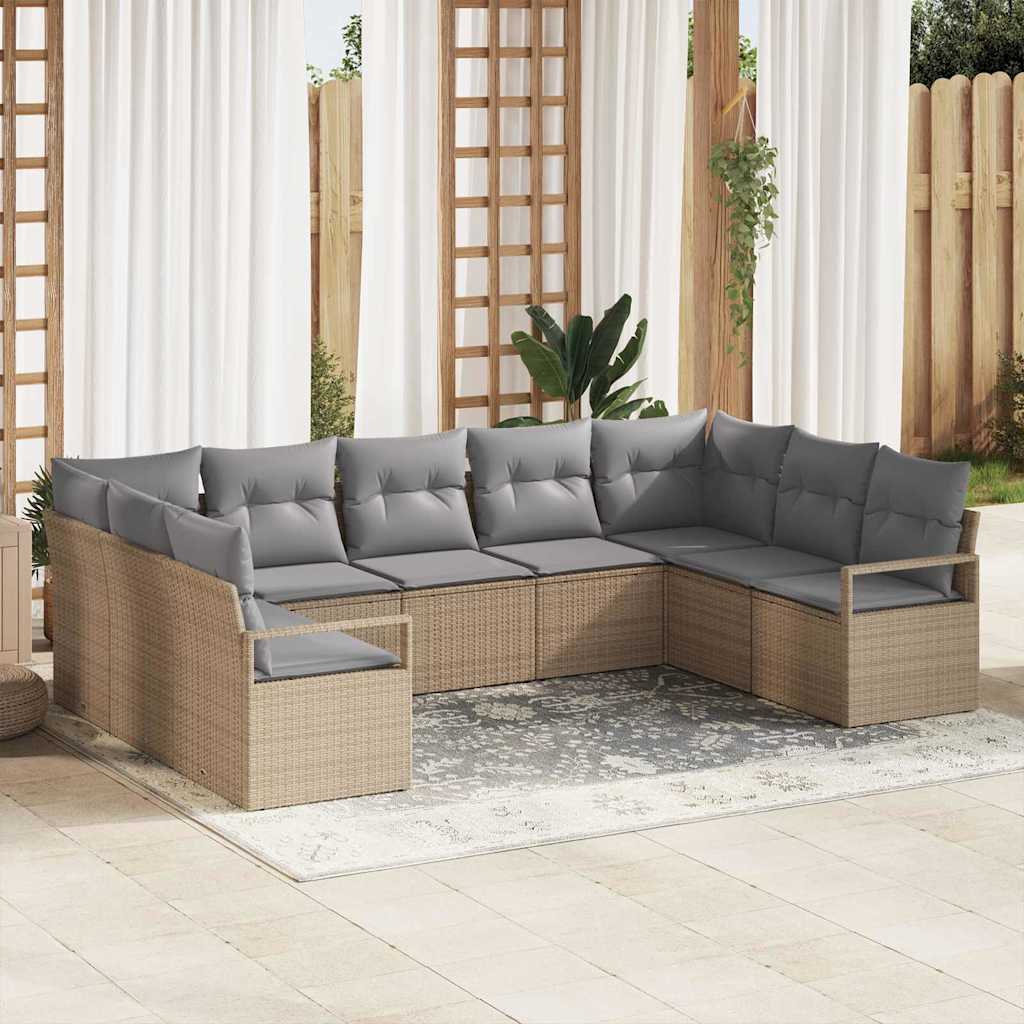 Gartensofa-set mit Kissen 9 pcs Beige und Hellgrau Poly-Rattan