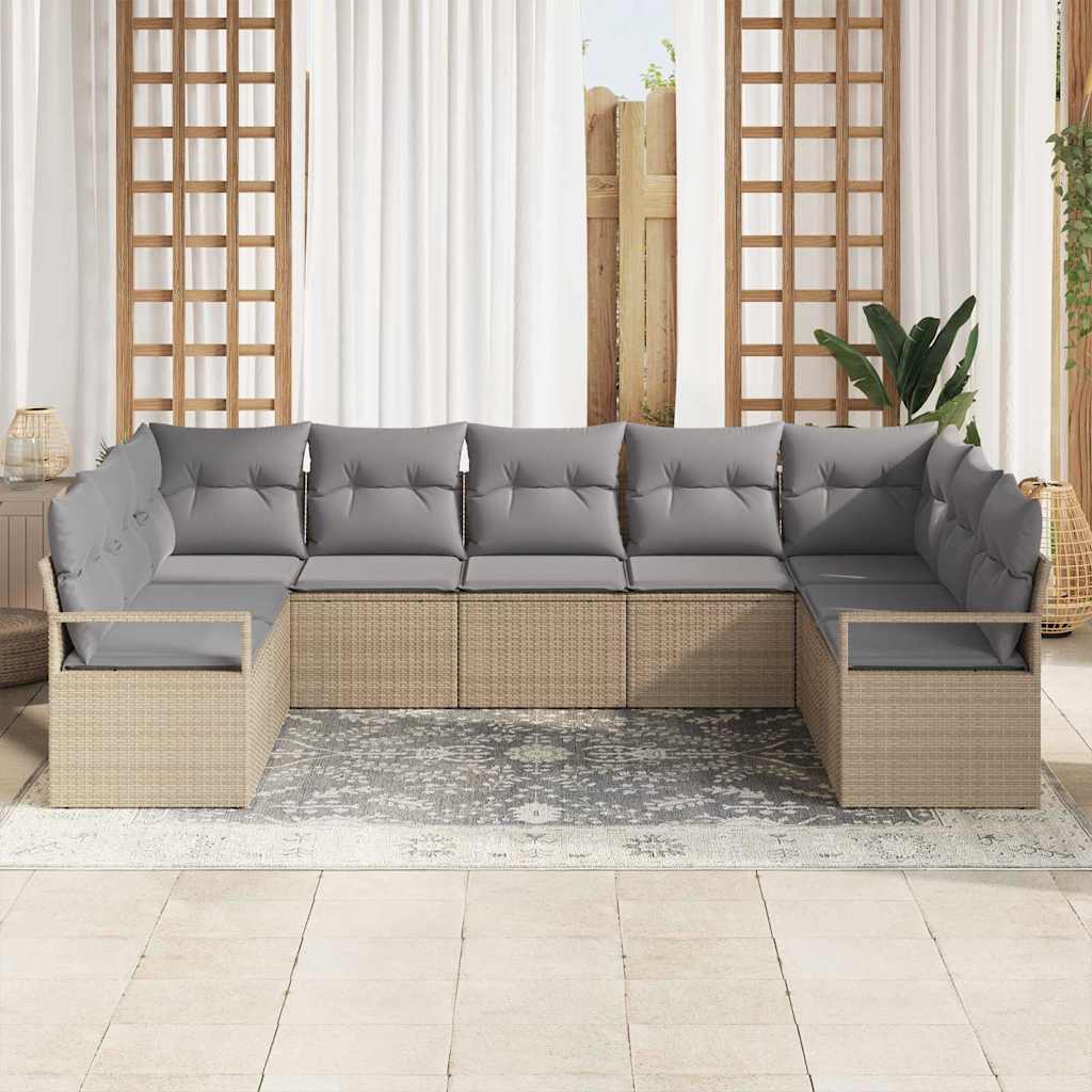 Gartensofa-set mit Kissen 9 pcs Beige und Hellgrau Poly-Rattan