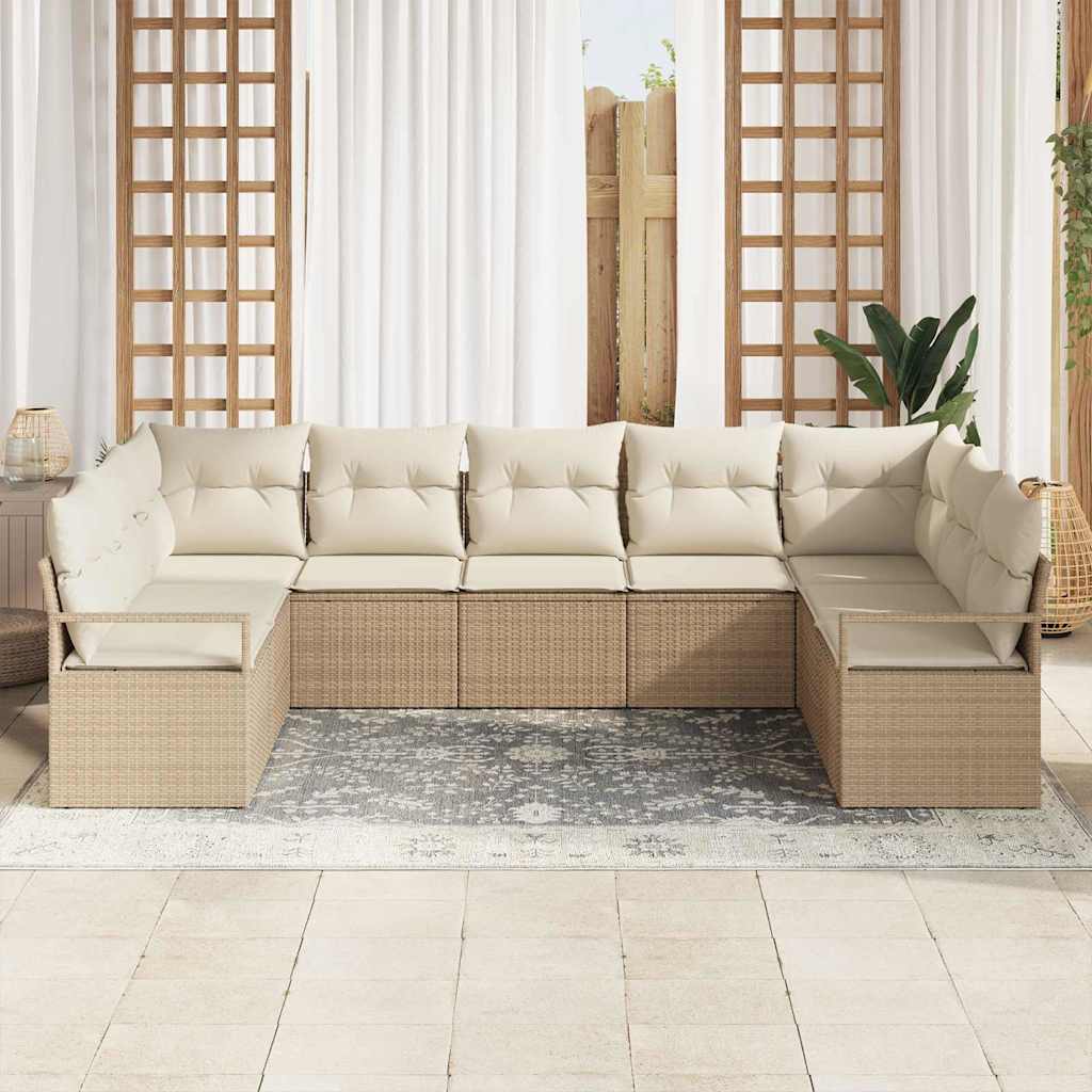 Gartensofa-set mit Kissen 9 pcs Beige und Weiß Poly-Rattan